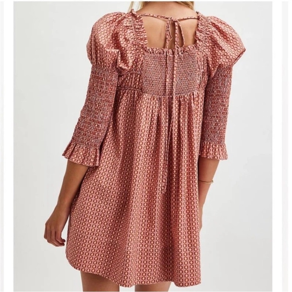 Free People Dusty Pink Geo Smocked Babydoll Mini Dress - Picture 2 of 11
